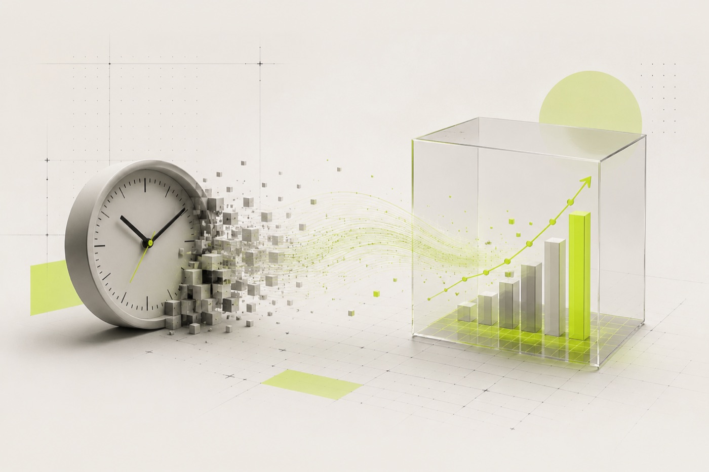 A branded 3D illustration of a clock dissolving into cubes that flow into a rising bar chart under glass, in Innovative Compass lime and grey. A metaphor for the shift from hours worked to outcomes created.
