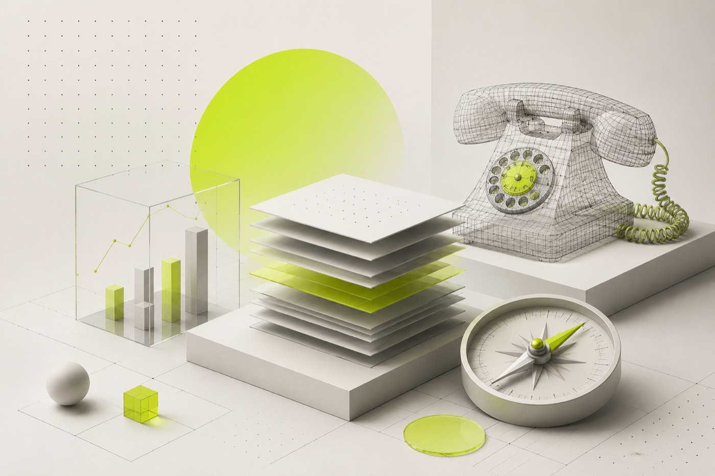 A branded 3D illustration of layered papers, a bar chart under glass, a rotary phone, and a compass, in Innovative Compass lime and grey, representing the hidden cost of manual operations versus systemized operations.