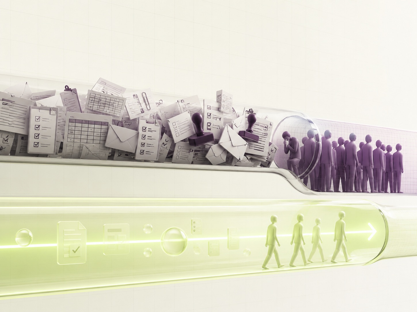 A clogged channel overflowing with paperwork, forms, and a backed-up queue of people, beside a clean lime channel where work and people move forward smoothly. A visual metaphor for manual operations versus systemized operations.